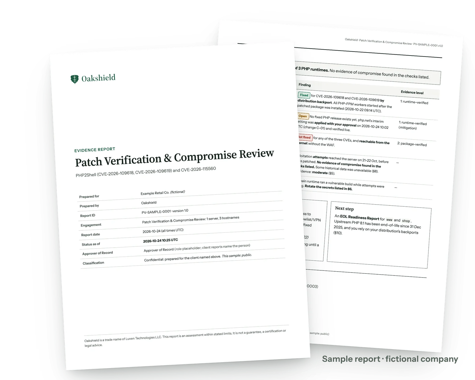 The first two pages of an Oakshield evidence report: the cover and the executive summary, with a status for each issue. Sample report for a fictional company.